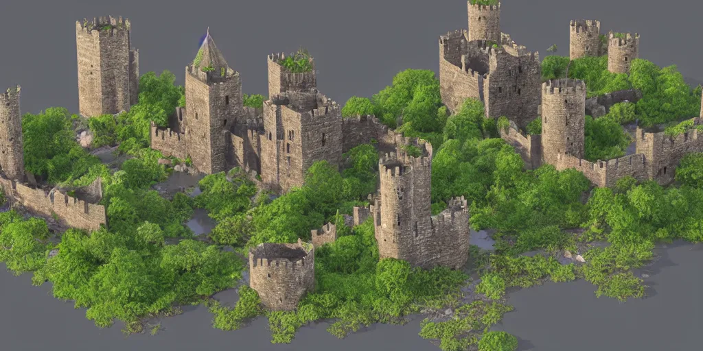 Image similar to medieval castle in a jungle with towers and moat, 3 d, isometric, poly detail