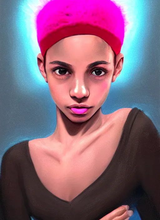 Image similar to portrait of teenage vanessa morgan with bright pink hair, black girl, curly pixie cut hair, wearing newsboy cap, pink short haircut, newsboy cap, hoop earrings, blue eyes, intricate, elegant, glowing lights, highly detailed, digital painting, artstation, concept art, smooth, sharp focus, illustration, art by wlop, mars ravelo and greg rutkowski