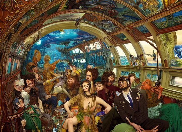 Prompt: incredibly beautiful breaktakingly detailed colour photograph of the inside of the beautifully decorated underwater train to atlantis, various amazingly weird cool characters sat down, extreme closeup, by ford maddox brown and kilian eng and moebius and william powell frith and frederic leighton and john william waterhouse and greg hildebrandt, ultra wide angle, 4 k