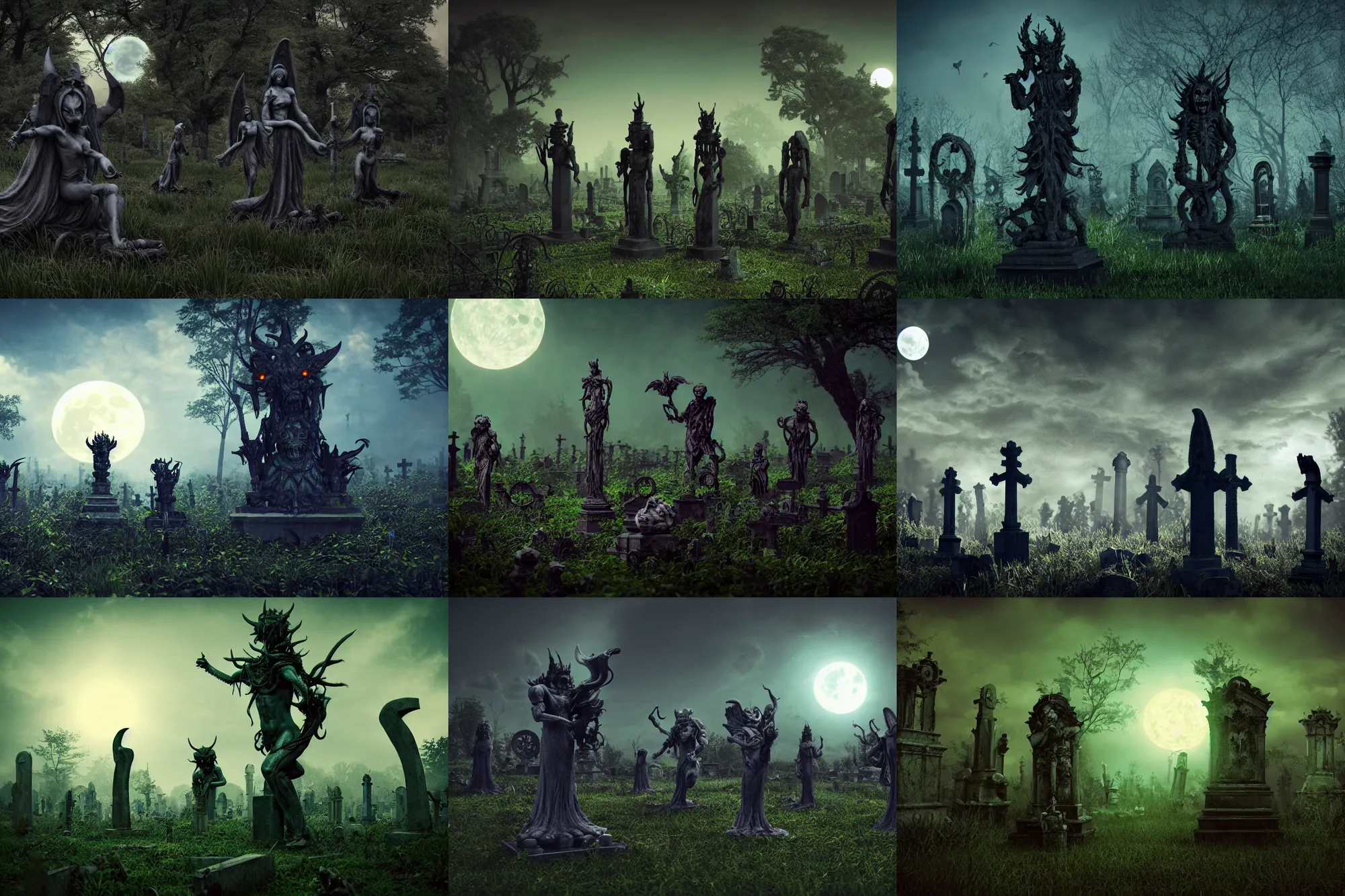 Prompt: a photograph of demon statues in an overgrown graveyard, scary creatures, cosmic horror, sharp focus, cinematic, high angel distant shot, moonlight, detailed, 4 k, octane render, deviantart,