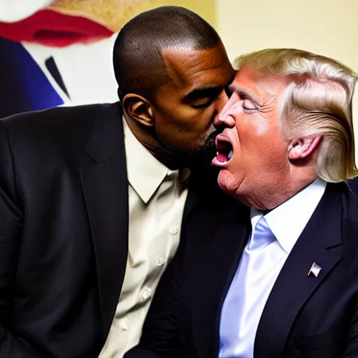 Prompt: donald trump kissing kanye west with tongue, kim kardashian crying in the background