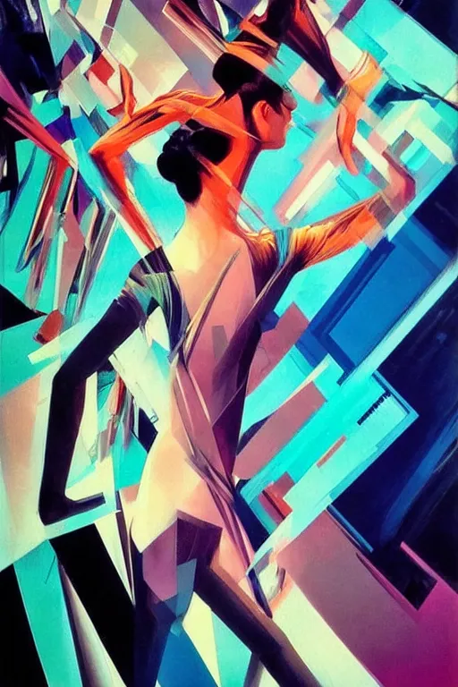 Prompt: wideangle portrait, a wild beautiful ballet dancer tangled in the tendrils of reality, madness, decoherence, synthwave, glitch!!, fractured reality, vortex, realistic, hyperdetailed, concept art, art by syd mead, cubism