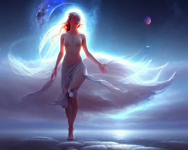 Prompt: a lone beautiful ethereal spirit floating running quickly along the shimmering crystalline shores of eternity, universe and planets and stars in the sky, unusual surreal, gorgeous artwork by artgerm, rutkowski, wlop, detailed, dramatic lighting