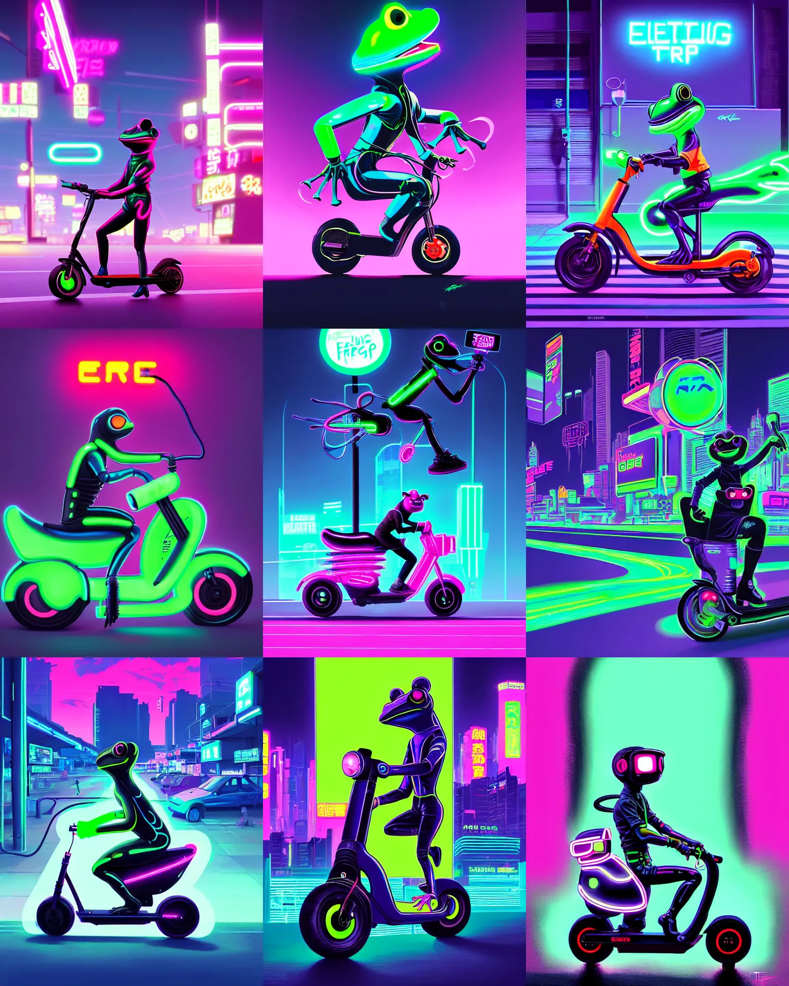 Prompt: painting Cyberpunk Frog riding on electric scooter Futuristic, Neon, Vaporwave by Thomas Kinkad and Ilya Kuvshinov and Ha Gyung and Kezie Demessance