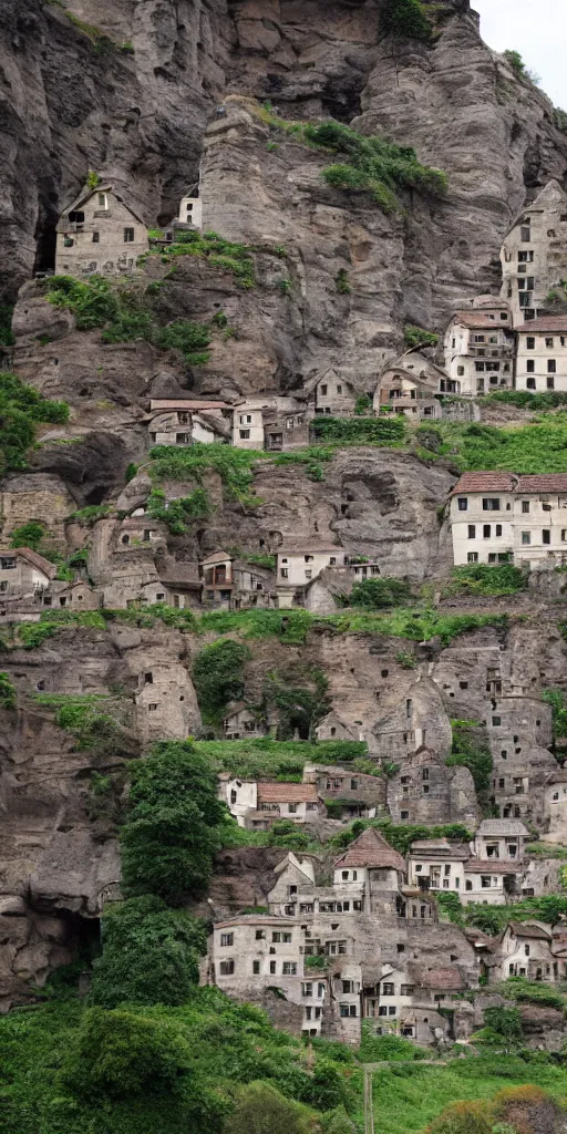 Image similar to a large village of stone houses carved into the side of a tall cliff