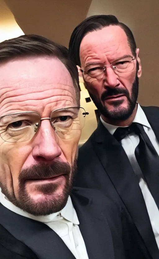 Prompt: img _ 1 4 2 4. jpg. walter white and john wick selfie. candid, looking at camera, snapchat, instagram, hashtags, accidental selfie, front camera, tiktok, popular, realistic, real life