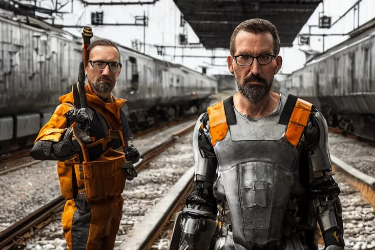 Image similar to vfx movie closeup real life gordon freeman holding wearing futuristic armor, half life logo on chest, crowbar in russian train yard by emmanuel lubezki