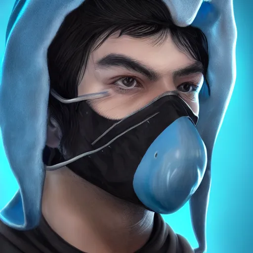 Image similar to a highly detailed, portrait of a man with black hair with a black medical mask, in a hood in the form of a blue shark with white teeth, artstation, DeviantArt, professional, octane render, digital art