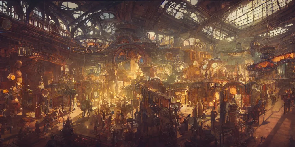 Prompt: steampunk market interior, colorful, character sheet, greg rutkowski, zabrocki, karlkka, jayison devadas, trending on artstation, 8 k, ultra wide angle, zenith view, pincushion lens effect