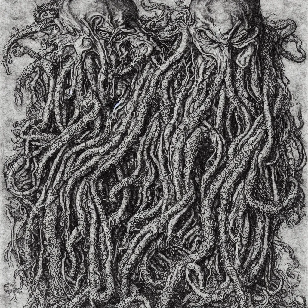 Prompt: portrait of cthulhu, dark atmosphere, faded out colors, highly detailed muted colors, highly detailed illustration by albrecht durer, fine art sketch