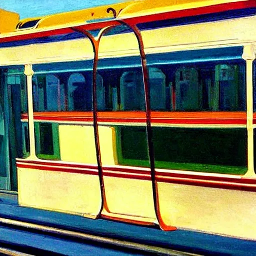 Image similar to street art. paralyzed by the indescribable beauty of the cosmos. amazing view of the tram from lisbon. art style by edward hopper daring, incredible