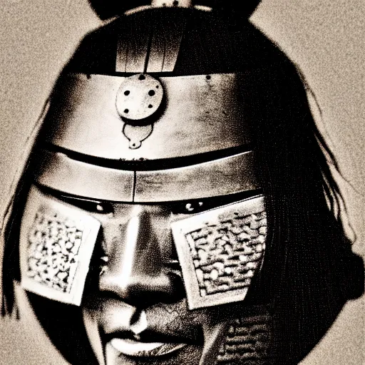 Image similar to a potrait of a samurai warrior taken in 1 6 3 0, in a circle, kodak 4 0 0, nft style, facing sideways, wearing an oni mask, grain, scretch, high quality, 8 k, photorealistic, real, old photo style