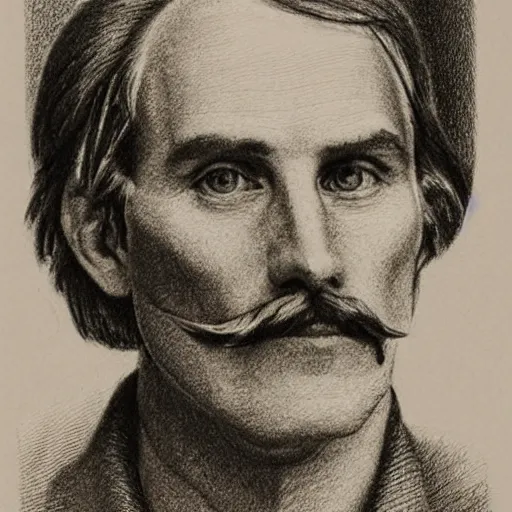 Image similar to A crosshatched portrait drawing of Jerma985 with a pyramidal mustache in the mid-late 1800s, cross haching, crosshatching, mid-late 1800s, grainy, realistic, hyperrealistic, very realistic, highly detailed, very detailed, extremely detailed, detailed, trending on artstation