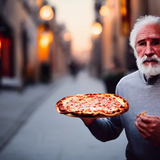 Image similar to lonely old man holding a pizza at night on a city street