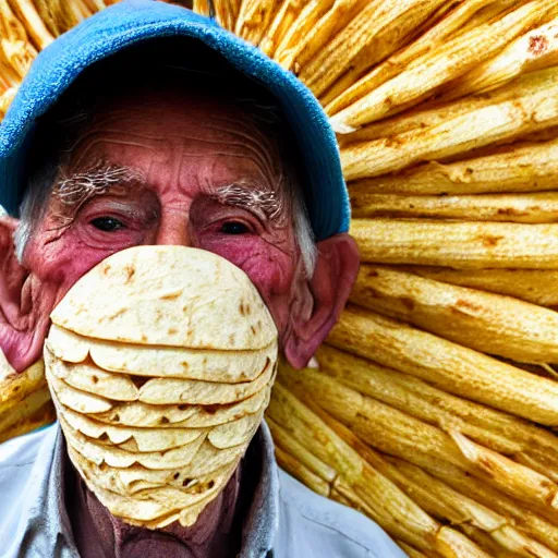 Prompt: an elderly man wearing a mask made from a tortilla, holding a sword made from elote, bold natural colors, national geographic photography, masterpiece, 8 k, raw, unedited, symmetrical balance