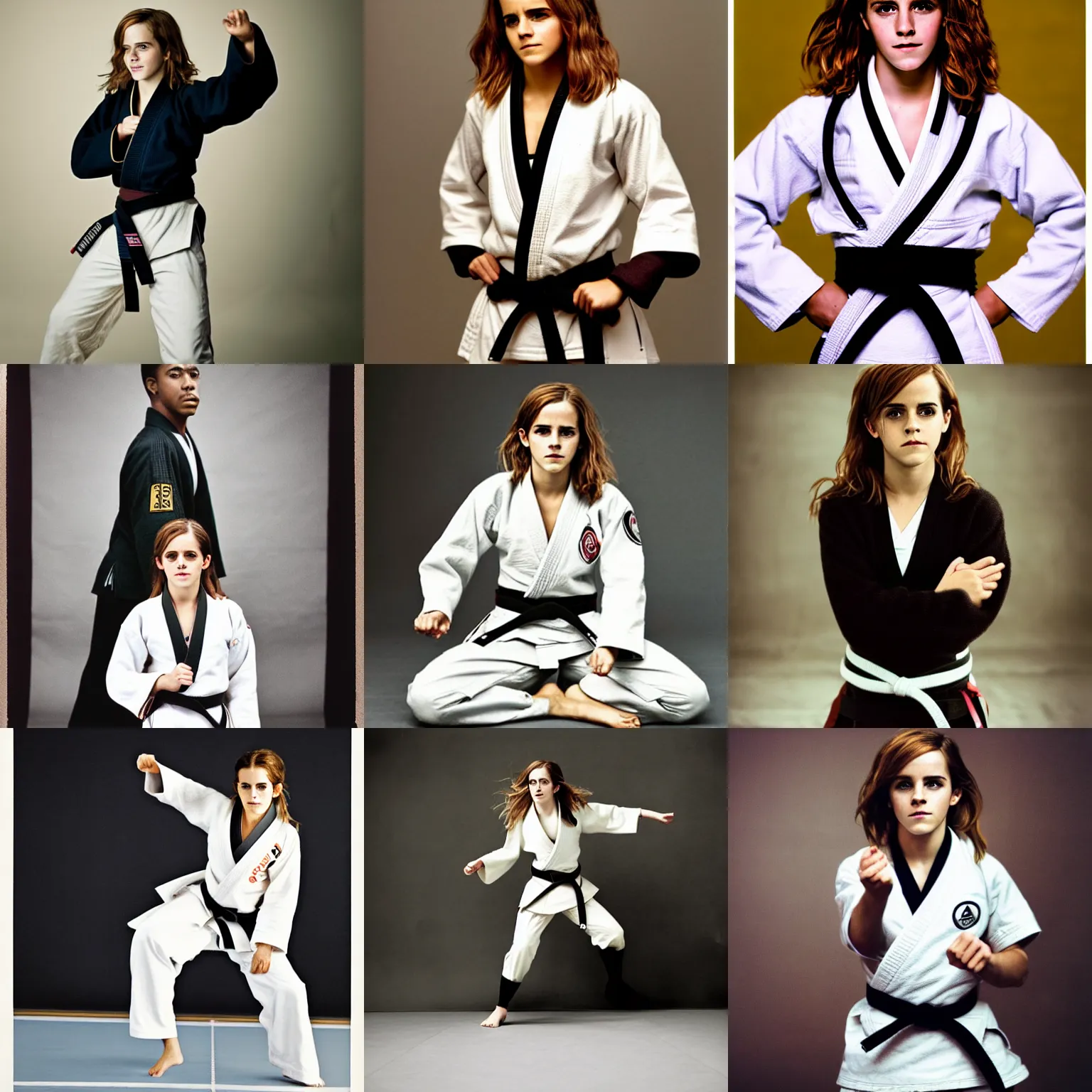 Prompt: Emma Watson/Hermione Granger as a black belt judo teacher, photo portrait by Annie Leibovitz