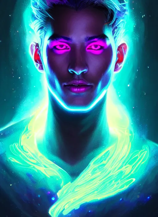 Image similar to a male faceless glowing liquefied stardust adventurer, dnd fantasy character, full body portrait, glowing neon skin, magical aura, ultra realistic, intricate, elegant, highly detailed, digital painting, artstation, smooth, sharp, focus, illustration, art by artgerm and greg rutkowski and alphonse mucha