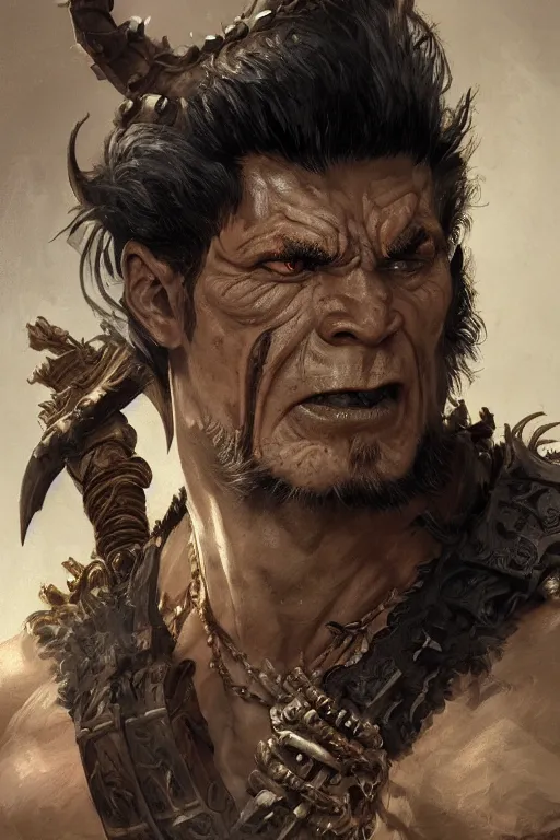 Image similar to portrait of a hulking herculean orc demon barbarian pirate, male, masculine, upper body, belt of skulls, fantasy, frown,, intricate, elegant, highly detailed, digital painting, artstation, concept art, sharp focus, illustration, art by artgerm and greg rutkowski and alphonse mucha