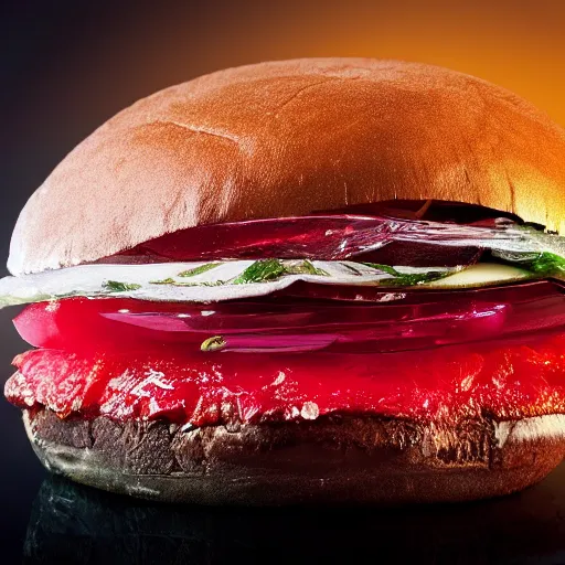 Image similar to a hybrid crystal hamburger, digital art, dramatic product photography