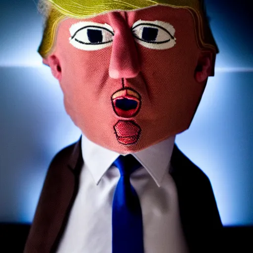 Prompt: photo of president trump as a cloth puppet in a dark room with a soft light on her head, realistic cloth puppet, intricate detail, photorealistic, highly detailed, cinematic atmosphere, dramatic