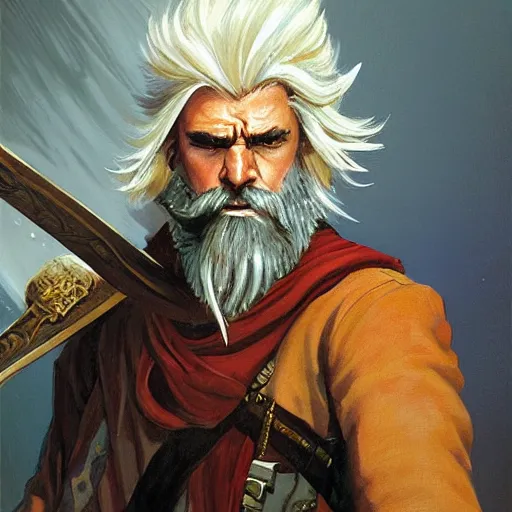 Image similar to beautiful portrait painting of a very short and small male halfing bard with white hair, full beard, extremely irritated, agitated, from pathfinder, evil smirk, narcissist, self centered, casting fireball, painted by larry elmore, wayne reynolds, greg rutkowski, magic the gathering, dungeons and dragons, dishonored 2