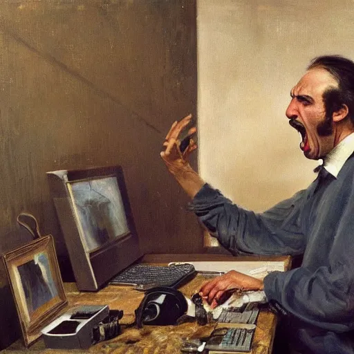 Image similar to an angry man yells at his computer monitor, oil on canvas, 1 8 8 3, highly detailed