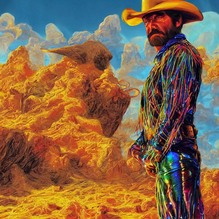 Image similar to 1 9 7 0's spaghetti western film octane render portrait by wayne barlow and carlo crivelli and glenn fabry, a person wearing a shiny colorful iridescent latex suit and cowboy hat covered in colorful slime, standing in a colorful scenic western landscape with multicolored clouds, cinema 4 d, ray traced lighting, very short depth of field, bokeh