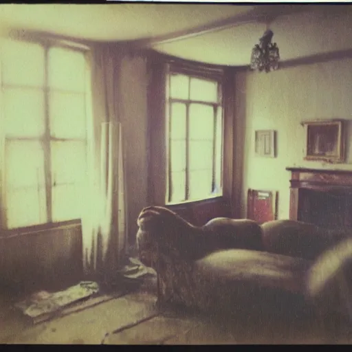 Image similar to coloured atmospheric polaroid photo of a old living room interior with transparent ghosty banshee corpse body floating