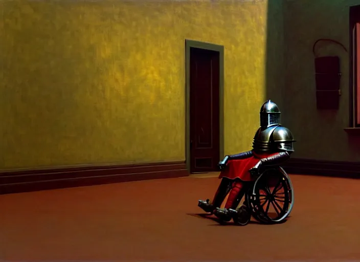 Image similar to knight in armor in a wheelchair do tricks watch old tv, rome, highly detailed, soft lighting, elegant, works by edward hopper and james gillard, zdislaw beksinski, stephen outram, andreas m wiese, highly detailed, masterpiece. rendered in blender, smooth shadows, ultra detail, high resolution, unreal 6, 8 k