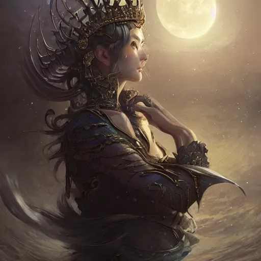 Image similar to lunar queen, fine art, awesome fantasy book cover on pinterest, award winning, dark fantasy landscape, fantasy magic, intricate, elegant, sharp focus, cinematic lighting, highly detailed, digital painting, concept art, art by wlop and artgerm and greg rutkowski, masterpiece, trending on artstation, 8 k