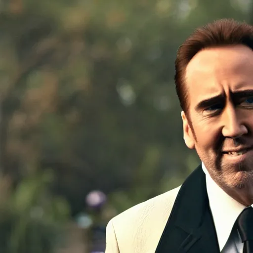 Prompt: A still of Nicholas Cage. Medium shot. He's smiling and looking into the camera.