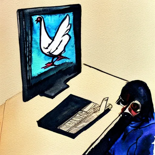 Prompt: A pigeon programming on a computer, watercolor