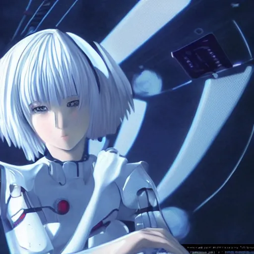 Image similar to !dream VFX SIMULATION, This is a digital art piece by Yoshiyuki Sadamoto that is trending on artstation. It is a 8K UHD image of Rei Ayanami, a female anime character, inside a space station with technological rings. She is shot from the ground by Yoshiyuki Sadamoto. The environment is a concept design and the art is hyper realistic with intricate details.