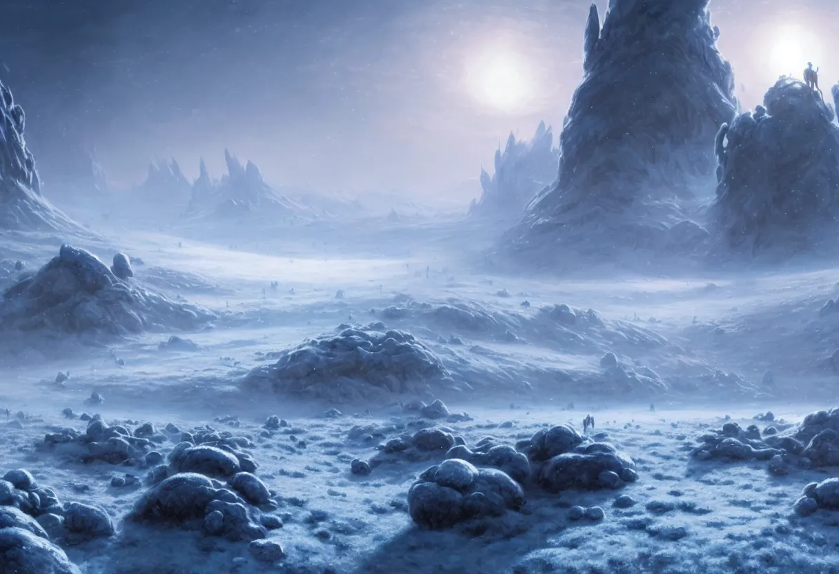 Image similar to ground level view of the frozen winter alien planet with morning fog, ultra high definition, ultra detailed, matte painting, by greg rutkowski and ross tran and wlop