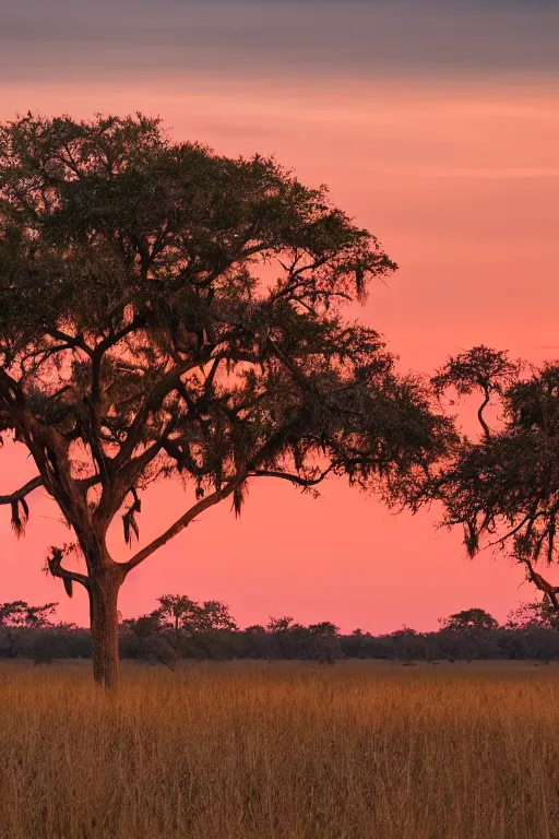 Image similar to A sprawling savannah at golden hour, as the sun sets on the horizon, in the style of bruce ricker