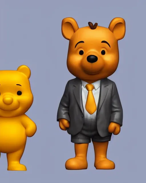 Image similar to full body 3d render of winnie-the-pooh as a funko pop, wearing a suit, studio lighting, white background, blender, trending on artstation, 8k, highly detailed