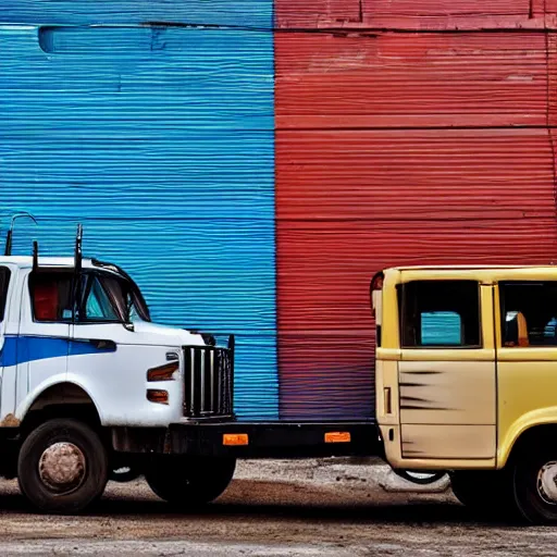 Prompt: two trucks having a tender kiss in a back alley