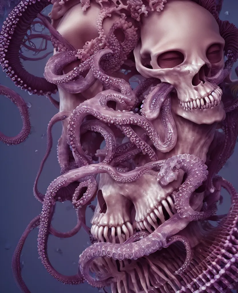 Image similar to goddess close - up portrait human skeleton, ram skull, octopus, jellyfish, orchid, betta fish, bioluminiscent, intricate artwork by tooth wu and wlop and beeple. octane render, trending on artstation, greg rutkowski very coherent symmetrical artwork. cinematic, hyper realism, high detail, octane render, 8 k