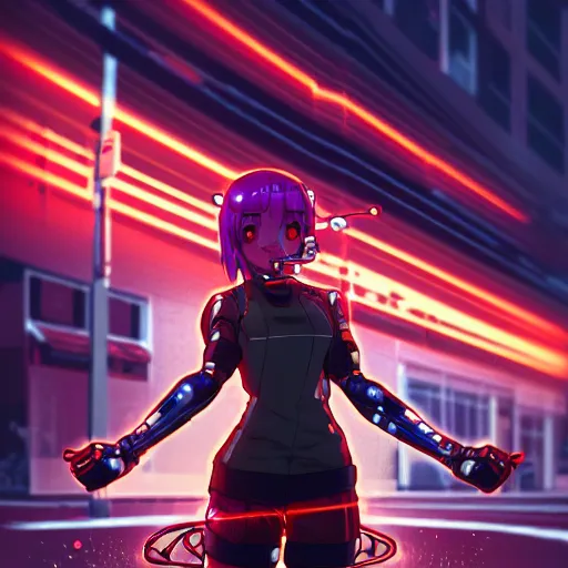 Image similar to digital anime, cyborg - girl standing in the middle of the wet street light bending around her, gaussian motion blur, refracting image, fish eyed lens, black red long hair!, biomechanical details, neon background lighting, reflections, wlop, ilya kuvshinov, artgerm