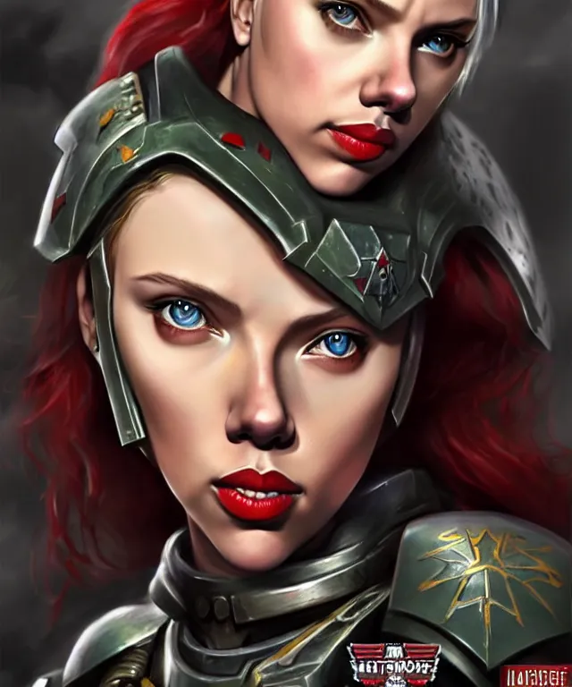 Prompt: Scarlett Johansson as a battle sister from Warhammer 40k, portrait, highly detailed, intricate, concept art, artstation