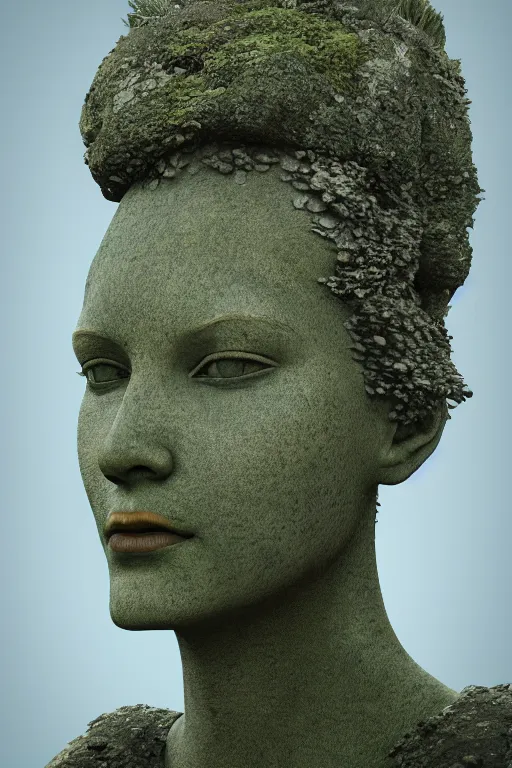 Image similar to giant stone statue of a goddess head, mossy stone, deep jungle, octane render, unreal engine, trending on artstation, ultra detailed, realistic, cinematic lighting, astmopheric, 8 k