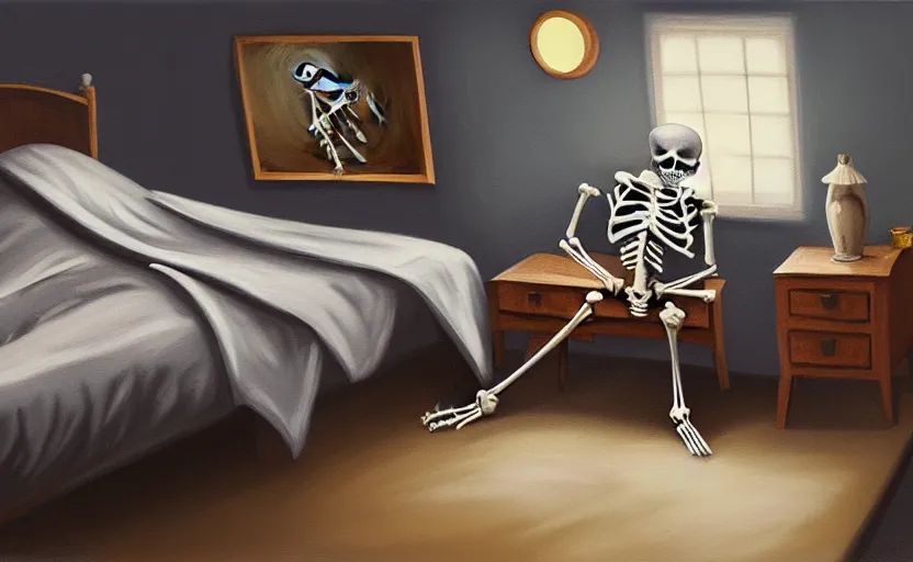 Image similar to matte oil painting of a skeleton dressed in pajamas and nightcaps and robes and slippers inside of a comfy bedroom, sleepy, cozy