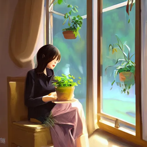 Prompt: a cozy cute cafe with a window and plants, a young pretty filipino woman sits with an espresso, golden morning light, dramatic light, happy cozy feelings, oil painting trending on artstation