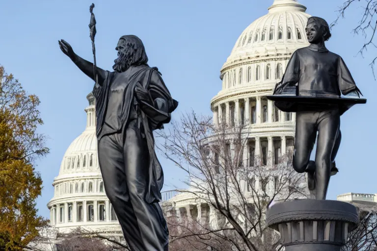 Prompt: A large dollar sign statue outside of the United States Capitol, 4k, award winning photo