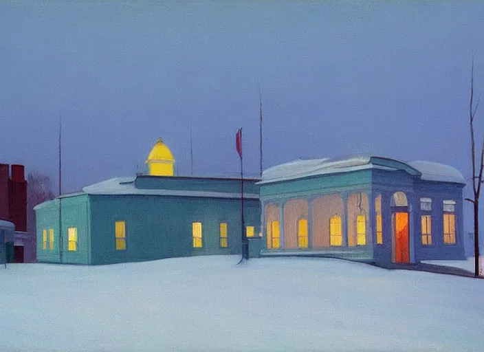 Prompt: a peaceful view of a helsinki on a winter evening, snowfall, cold color scheme, painting by edward hopper