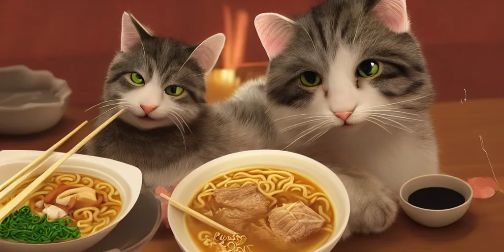 Image similar to A happy cat holding chopsticks and eating a bowl of ramen, hyper realistic, insane detail, Pixar