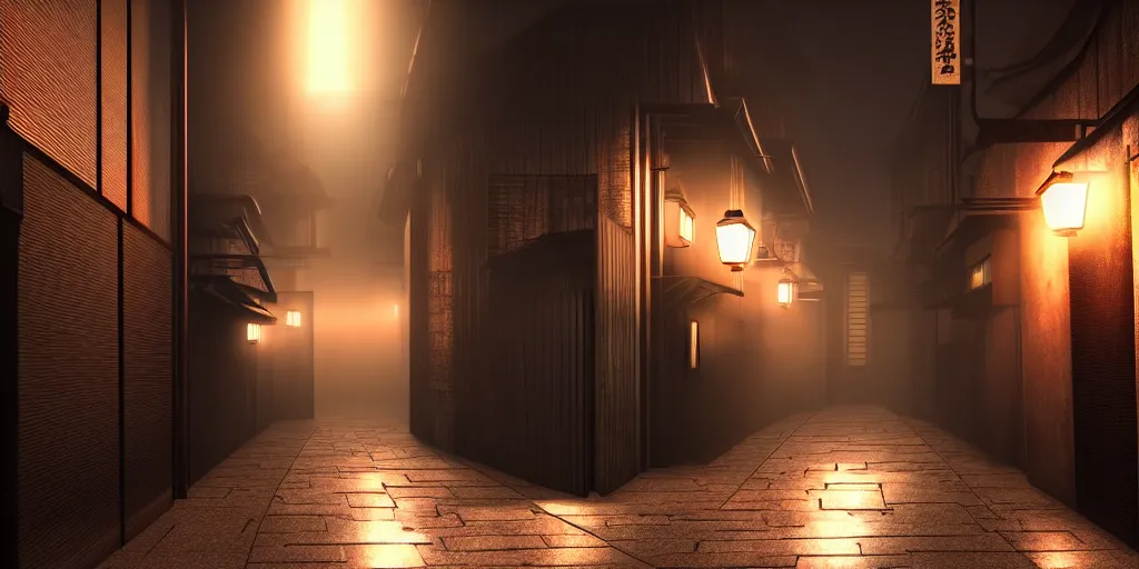 Image similar to a japanese alleyway in the style of blade runner 2049, volumetric lighting,