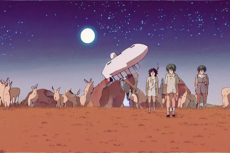 Prompt: a still from a studio ghibli film of a ufo beaming up a group of deer ufo from princess mononoke ( 2 0 0 4 ) at night on a desert road, full body, wide shot, very muted colors, post grunge, studio ghibli, laurie greasley, highly detailed, deviantart, art by artgem