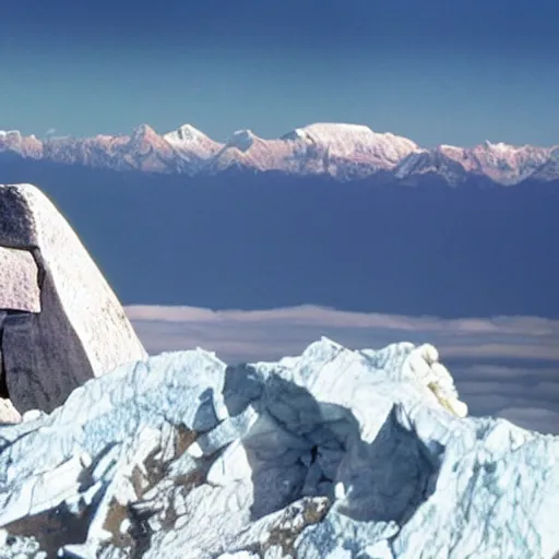 Prompt: stonehenge at the top of everest, with pyramids visible at the horizon