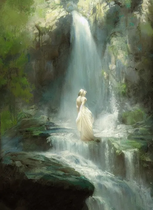 Image similar to painting of a goddess showering in a waterfall, veiled in mist, with her robes folded and set on a rock in the foreground, detailed, stylized, loose brush strokes, pastel colors, blue and green hues, by Jeremy Mann, intricate, beautiful